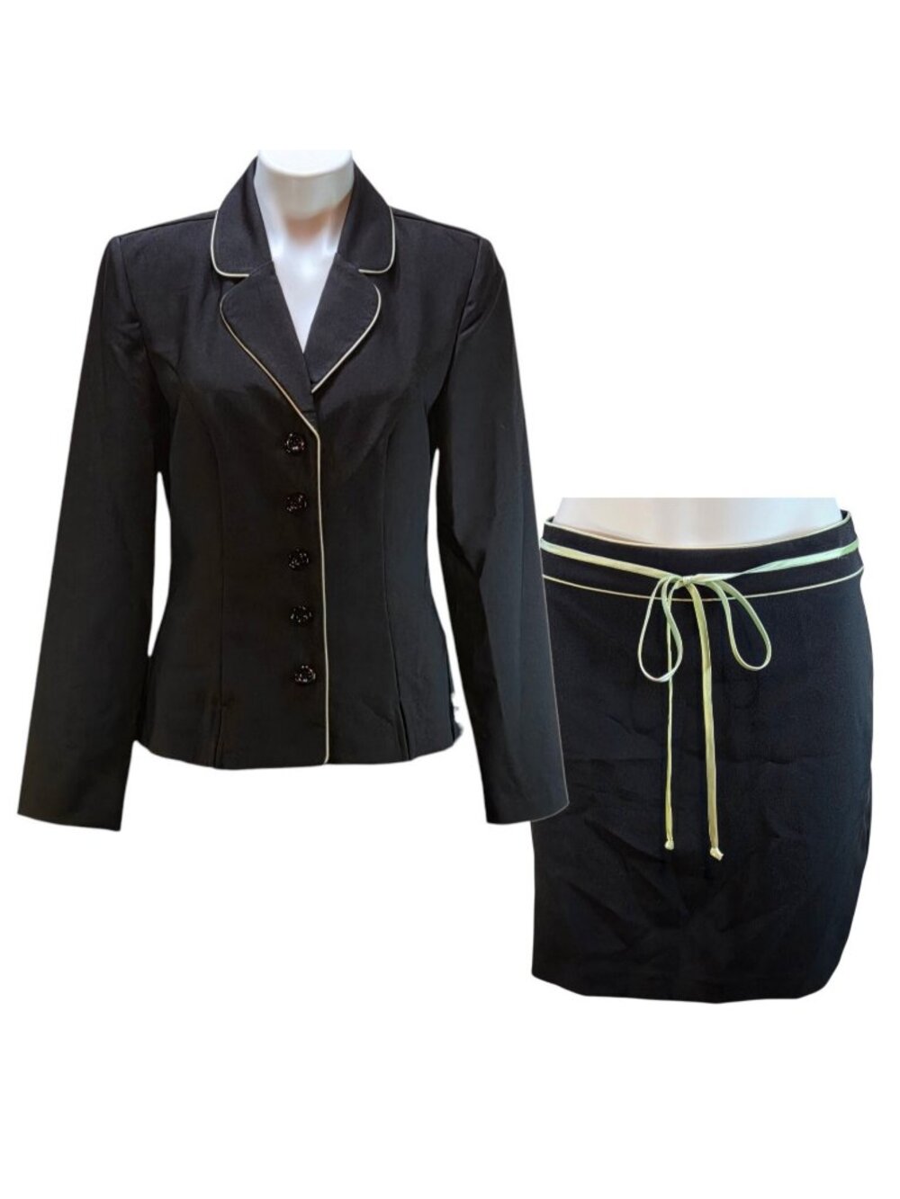 Y2K Suit Blazer Skirt Black Set Green Satin Piping Women's 7/8 My Michelle 90s